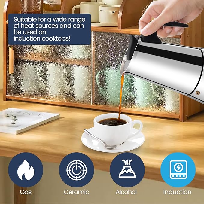 Supvision 6 Cup Moka Pot Stainless Steel 300ml Italian Espresso Coffee Maker Stovetop CoffeeMakers Mocha Pot Percolator for Induction Stove Classic Cafe Makers Portable for Easy Brewing Tummy