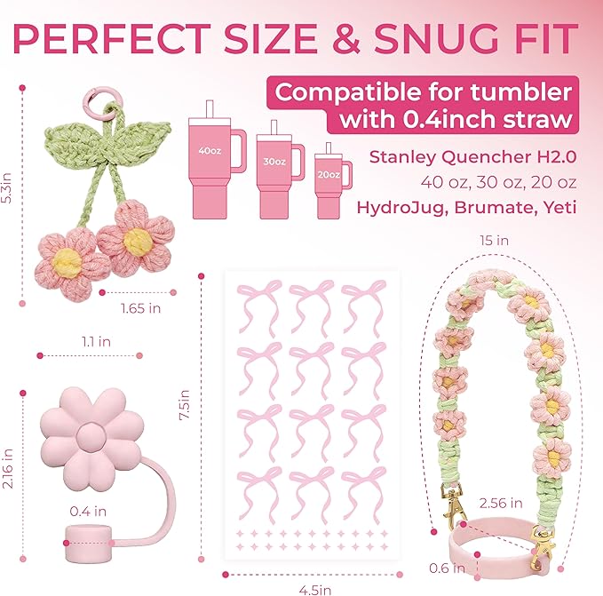 Stanley Cup Accessories Set for 40/30 oz Tumbler, Including Handle Strap, Silicone Straw Topper Cover, Ctue Charm, Original Bow Sticker, Cute Birthday Gifts for Women Her Mom Daughter