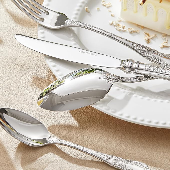KINGSTONE Vintage Carved Silverware Set, 10-Piece 18/10 Stainless Steel Flatware Cutlery Set with Retro Royal Thick Handle, Tableware Utensils for Home, Restaurant, party, Wedding, Dishwasher Safe