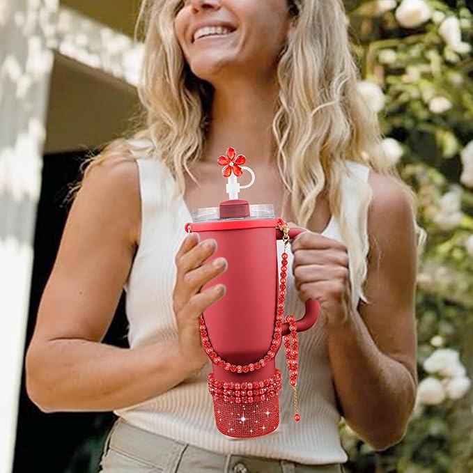 9PCS Christmas Red of Stanley Cup Accessories Set 30/40 OZ Bling Pearl Rhinestones Charms for Stanley Decorations Tumbler Accessories Including Flower Straw Topper, Rhinestones Boot 30/40 OZ