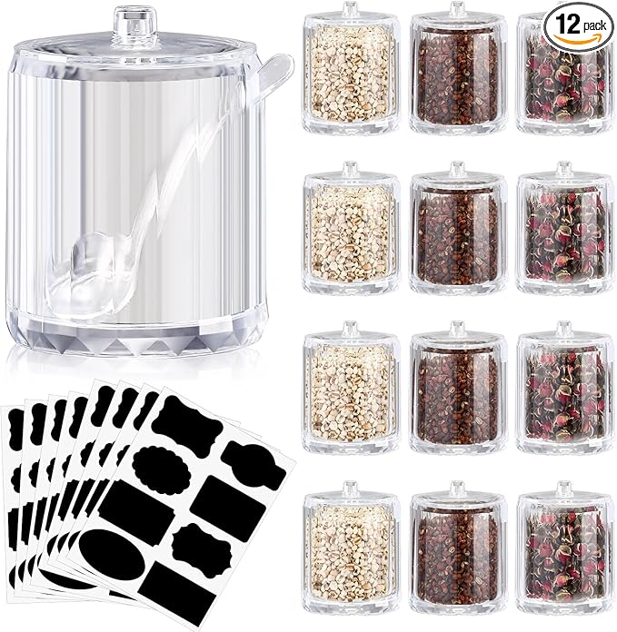 Tioncy 12 Pcs Hot Cocoa Bar Supplies Sugar Bowls with Lid and Spoon Party Bar Ice Cream Sundae Caramel Apple Dipping Container Christmas Acrylic Candy Dispenser with Tag (8 oz,Clear)