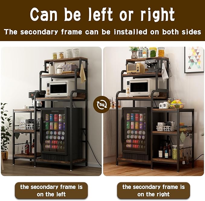 Bakers Rack with 7-Tier Mini Adjustable Shelves and Power Outlet, Heavy-Duty Metal Frame Kitchen Shelf Organizer, Mini Fridge & Microwave Stand for Kitchen, Dorm, Living Room, Walnut Brown