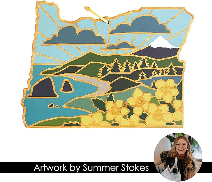 Totally Bamboo Oregon State Shaped Cutting Board and Charcuterie Serving Platter with Artwork by Summer Stokes, Includes Hang Tie for Wall Display Varies