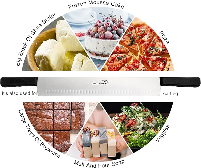 DELFINA 15 Inch Double Handle Cheese Knife with Blade Protector, Stomatal Blade with 5" Plastic Comfortable Handles, Cheese Knife for Cheese,Cakes,Vegetables,Butter,Soaps
