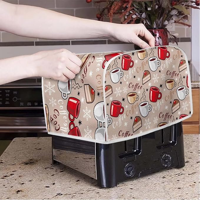 Annejudy Coffee Pattern Toaster Cover 2 Slice Dustproof Toaster Bread Maker Cover Small Kitchen Appliance Fingerprint Protection Kitchen Decor