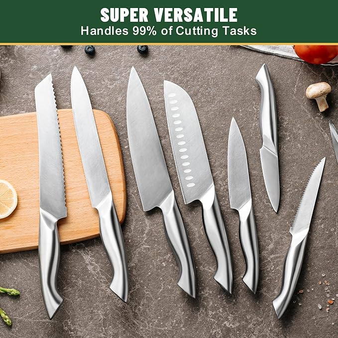 Knife Set, EWFEN 14-Piece Kitchen Knife Set with Block, German Stainless Steel Knives with Built-in Knife Sharpener, Anti-Slip Curved Handle Sharp Knives Set for Kitchen, Dishwasher Safe