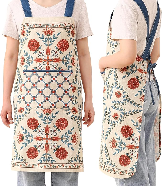 patdrea Blue Floral Linen Apron with Pocket,French Kitchen Garden Chef BBQ Aprons for Women and Men,Crisscross Back Straps