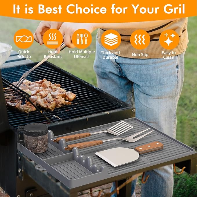 Silicone Griddle Tool Mat Compatible with Blackstone Weber - Flat Top Grill Pellet Smoker Side Shelf Spatula Mat with Drip Pad - Thanksgiving Christmas Gifts for Men BBQ Grilling Accessories (Grey)
