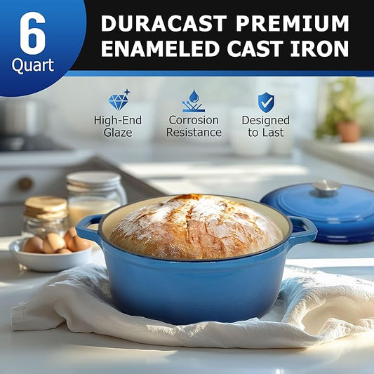 Mueller 6qt Enameled Cast Iron Dutch Oven, Heavy-Duty Casserole and Braiser Pan with Lid and Knob, Oven-Safe up to 500° F & Across All Cooktops, Aqua Blue