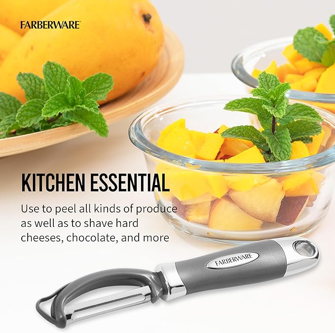 Farberware Euro Peeler, a Kitchen Essential for Quick and Easy Peeling of Produce, Chocolate, Cheeses and More, Features Hang-Hole for Easy Storage, Dishwasher Safe, Jewel Grey