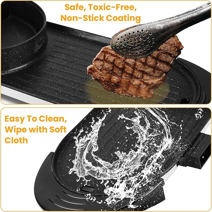 iMounTEK Electric Hot Pot with Grill, 2 IN 1 Hot Pot with BBQ Grill Cooker Smokeless Non-Stick Korean BBQ Grill Shabu Hot Pot with Independent Temperature Control Firepower For 10 People Party Camping