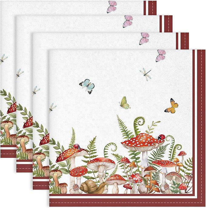 Mushroom Napkins, 18×18 Inch Floral Butterfly Dinner Cloth Napkins Set of 4, Washable Cotton Soft Absorbent Square Napkins for Dining Kitchen Party Wedding Decoration