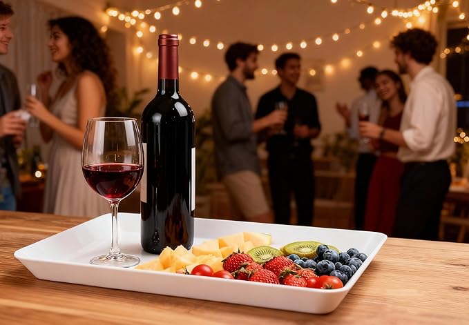 4 Pack White Plastic Serving Trays, Stackable & Lightweight Set for Parties, BBQ, Camping, Desserts & Snacks – Perfect for Hostess Gifts & Kitchen Organization