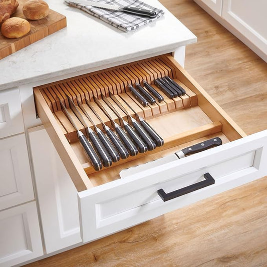 Rev-A-Shelf Dual Row Trim To Fit Knife Block Drawer Organizer with Storage Holder for Kitchen Utensils, 55 Slot Cutlery Tray, Wood, 4WDKB-1