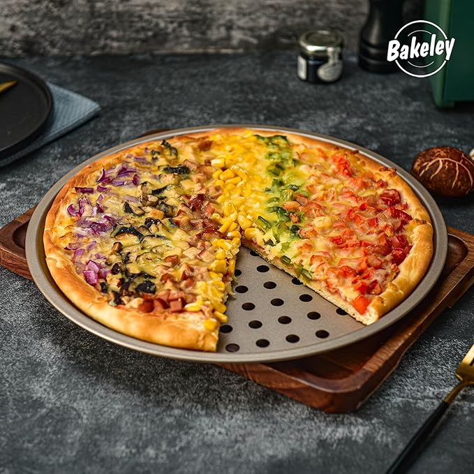 Bakeley 12-inch Air Crisp Perforated Pizza Pan with Hole, Heavy Duty Carbon Steel, Non-Stick Pancake Bakeware for Oven Baking (Champagne Gold)