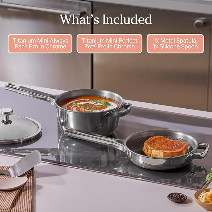 Our Place Mini Titanium Pro Cookware Duo | 6-Piece Tri-Ply Titanium Cookware Set with Always Pan Pro & Perfect Pot Pro | Non-Toxic No-Coating Nonstick | Induction & Oven-Safe up to 1000°F | Chrome