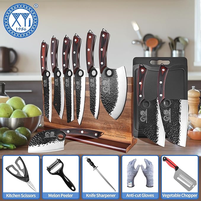 XYJ Knife Block Set, Professional Kitchen Knife Set with Magnetic Knife Block, Cutting Board, Honing Steel, High-Carbon Steel forged Blades, Chef's Knife, Cleaver, Carving Knife, Full Tang Design