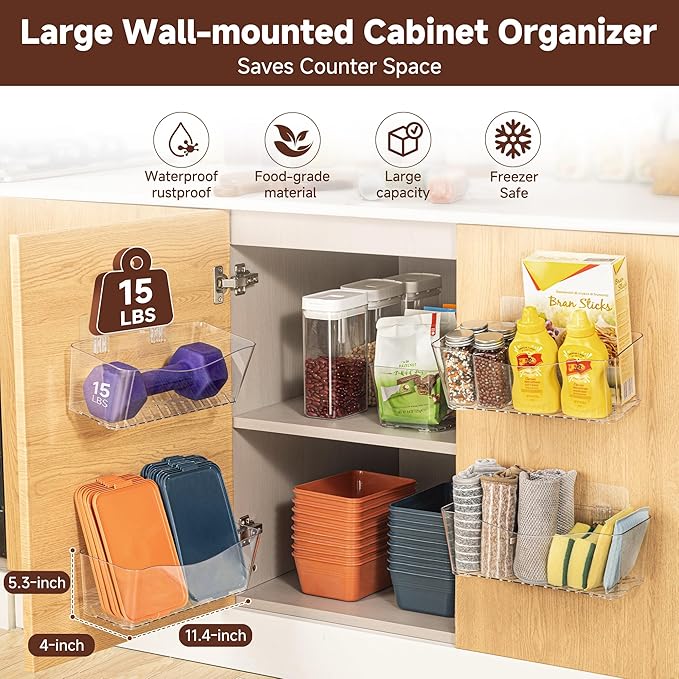 4-Pack Large Cabinet Door Organizer, Wall Mounted Kitchen Cabinet Door Storage, Space Saving, Drain Bottom, Adhesive Clear Plastic Storage Bins for Pantry, Refrigerator, Countertop, Under Sink, rv
