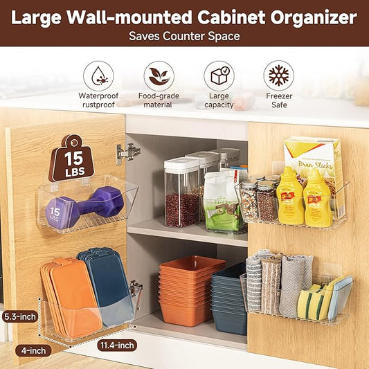 4-Pack Large Cabinet Door Organizer, Wall Mounted Kitchen Cabinet Door Storage, Space Saving, Drain Bottom, Adhesive Clear Plastic Storage Bins for Pantry, Refrigerator, Countertop, Under Sink, rv