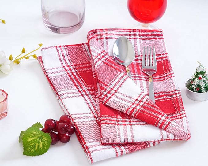 Blue Needles Gingham Buffalo Plaid Cloth Napkins 100% Cotton Set of 12 Dinner Table Napkins 18x18 inch Soft, Reusable, Washable Perfect for Valentine's Day Parties & Everyday Use - Silver Red & White