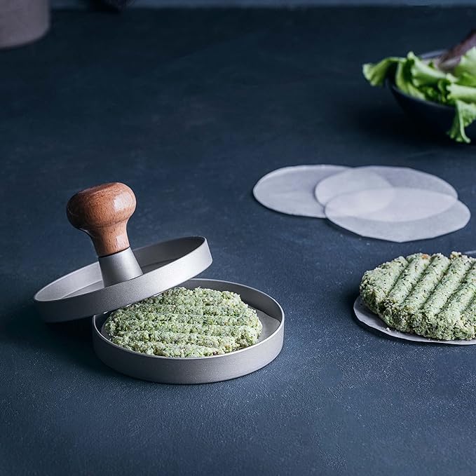 Lacor - 60258 - Homemade Hamburger Mould, Burger Press, Detachable Wooden Knob, Includes 60 Non-Stick Paper, Diameter 11 x 7.5 cm, Grey
