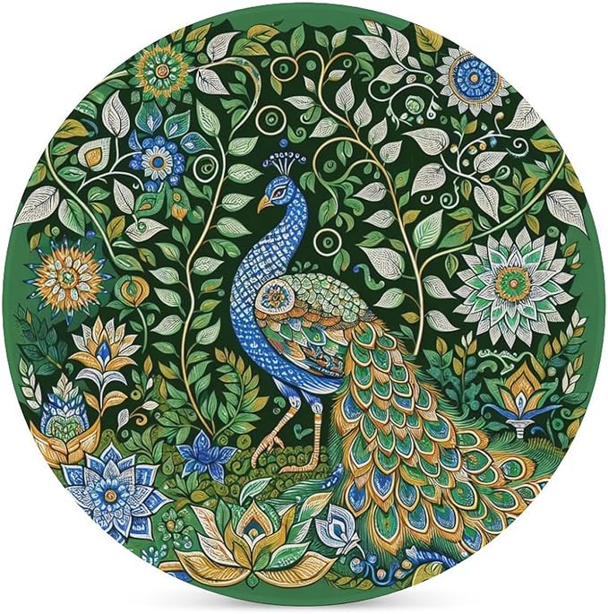 Peacock Drink Coasters, Round Ceramic Drink Coaster Round-4PCS, Beautiful Green Plant Floral Peacock Boho Art Pattren Decor Absorbent Ceramic Coasters for Beverage Cup, Bar, Coffee Table
