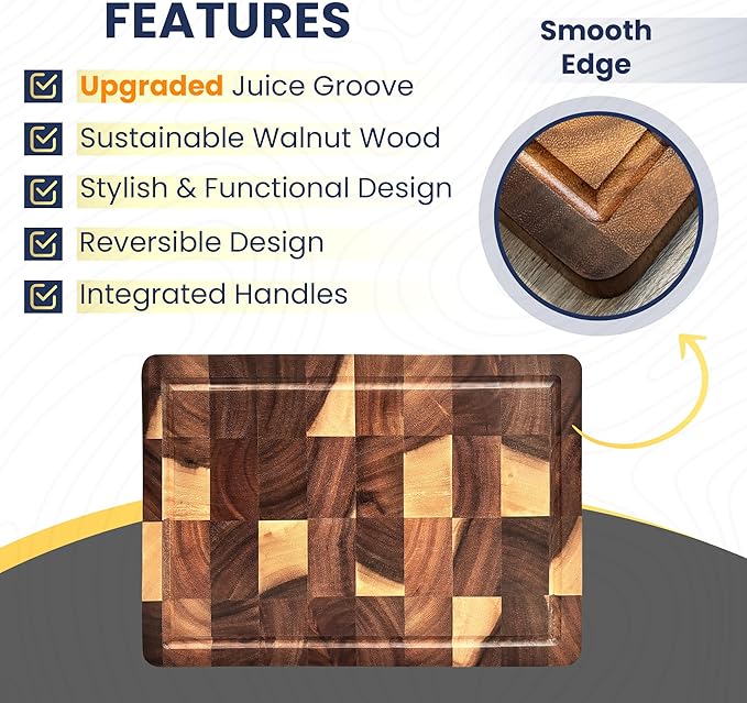 QUELLUXE Walnut Wood End Grain Cutting Board for Kitchen with Juice Groove, Inner Handles, Heavy-Duty Butcher Block, Wooden Chopping Board, Charcuterie Boards 17" x 12" x 1" (17" x 12" x 1")