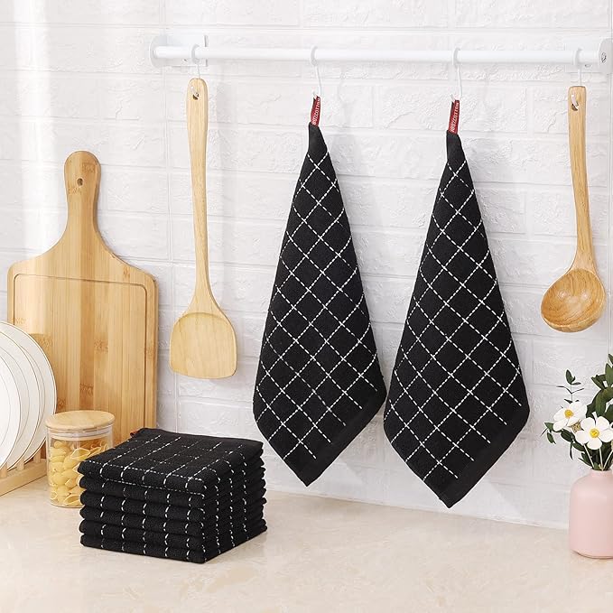 Mordimy 100% Cotton Terry Cloth Dish Cloths, Soft and Absorbent Checkered Dish Towels, Quick Drying Dish Rags for Washing Dishes, 8 Pack, 12 x 12 Inches, Black