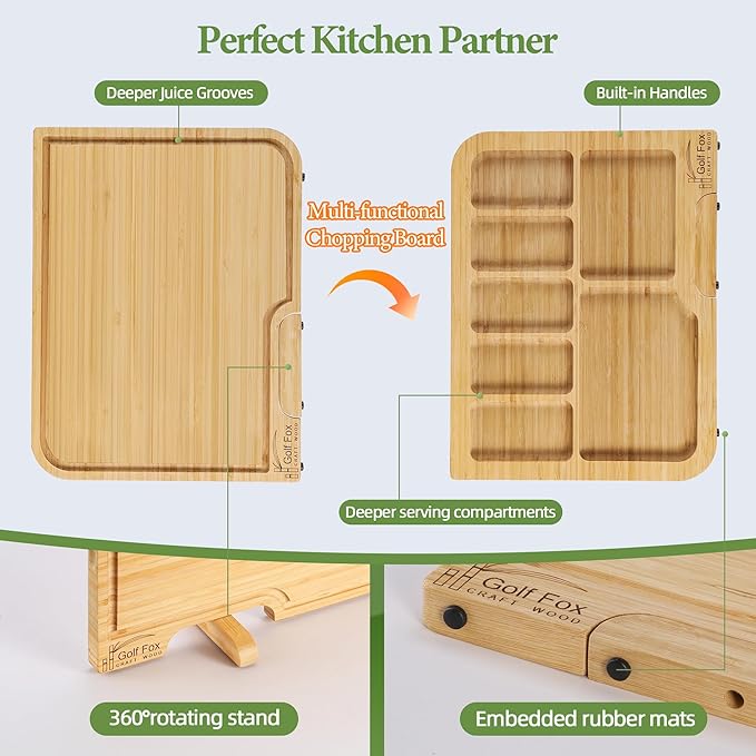 3-PCS Bamboo Cutting Board Set with Innovative Stand - Durable Double Sided Chopping Board with Juice Groove & Handle for Meal Prep, Meat, Fruit, Charcuterie Serving, Eco-Friendly Healthy Kitchen Gift