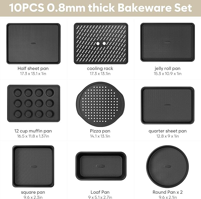 10-Piece Nonstick Baking Pan Set, 0.8MM Thick Stackable Bakeware Sets Including Cookie Sheets for Baking, Cooling Rack, Muffin Pan, Cake Pan, Pizza Pan, Loaf Pan
