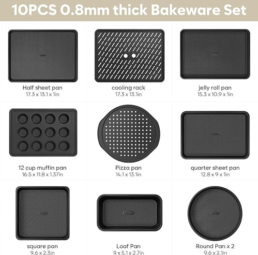 10-Piece Nonstick Baking Pan Set, 0.8MM Thick Stackable Bakeware Sets Including Cookie Sheets for Baking, Cooling Rack, Muffin Pan, Cake Pan, Pizza Pan, Loaf Pan