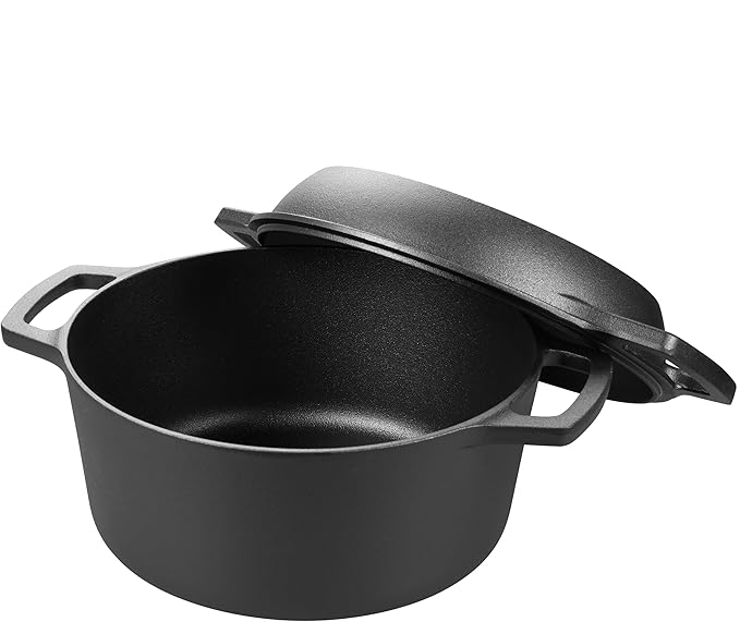 VORRINGARD Pre-seasoned Cast Iron Double Dutch Oven Pot with Skillet Lid, Dual-handle, for Bread Baking, Outdoor, Campfire Cooking, include Sourdough Bread Baking Supplies like Banneton Bread Proofing Basket, 5 Quart