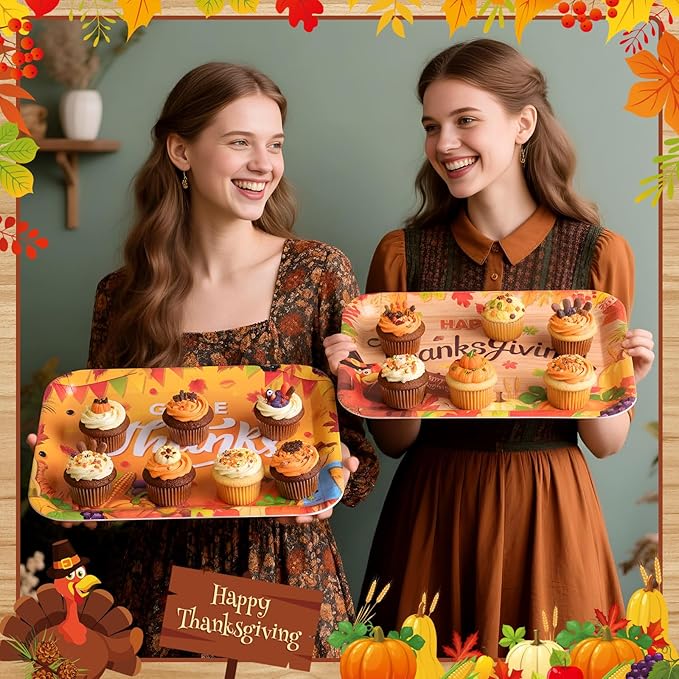 Vesici 4 Pack Thanksgiving Melamine Serving Trays, 13 x 10 Inch Rectangular Autumn Platters with Turkey & Harvest Designs, Durable Serving Plates for Holiday Buffet, Friendsgiving, Snacks & Appetizers