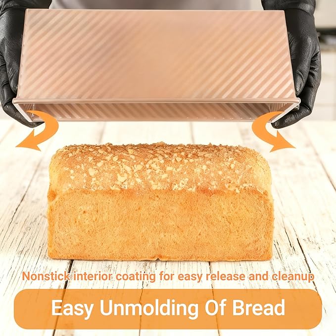 2.2 Lb Pullman Loaf Pan with Lid, 13x4 Nonstick Carbon Steel Bread Pan for Sandwich & Sourdough, Rectangular Corrugated Toast Box Mold for Oven Baking, Heavy Duty Easy Clean Bakeware (Gold)