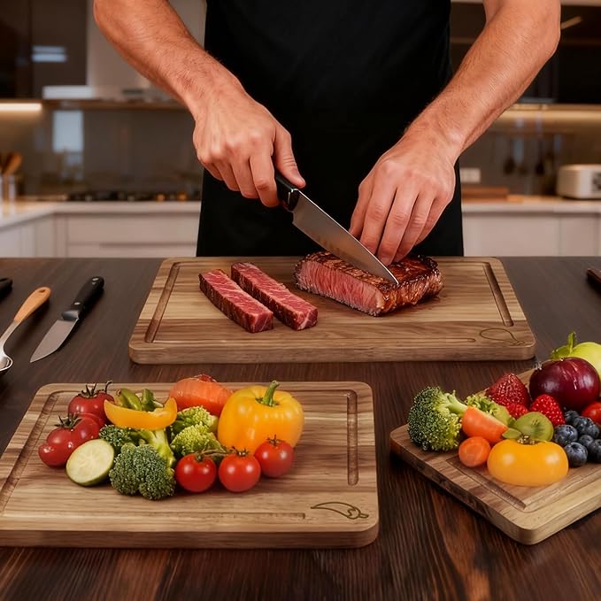 Acacia Wood Cutting Board for Kitchen,Built-In Handles with Juice Groove Chopping,Large Medium Small Board Set of 3 for Meat, Vegetables And Fruits,Kitchen Essential Gift (Gray)