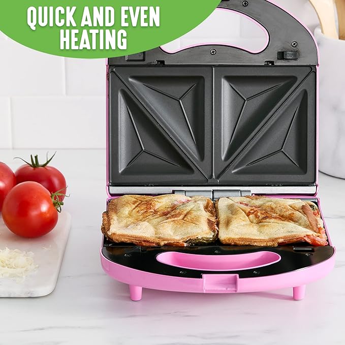GreenLife Electric Waffle Sandwich Maker, Toaster, Panini Press with Healthy Ceramic Nonstick Plates, Perfect for Tuna Melts, Crispy Rice, Grilled Cheese, LED Indicator Light, PFAS-Free, Pink