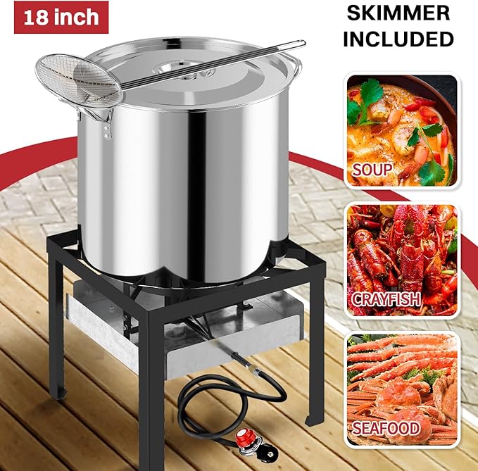 100QT Stainless Steel Crawfish Boiler | Seafood Boiling Kit | Cover & 18" Skimmer Included | 110,000BTU Propane Jet Burner | 20 PSI CSA Certified Regulator | Crab Boil Pot for Outdoor Backyard Cooking