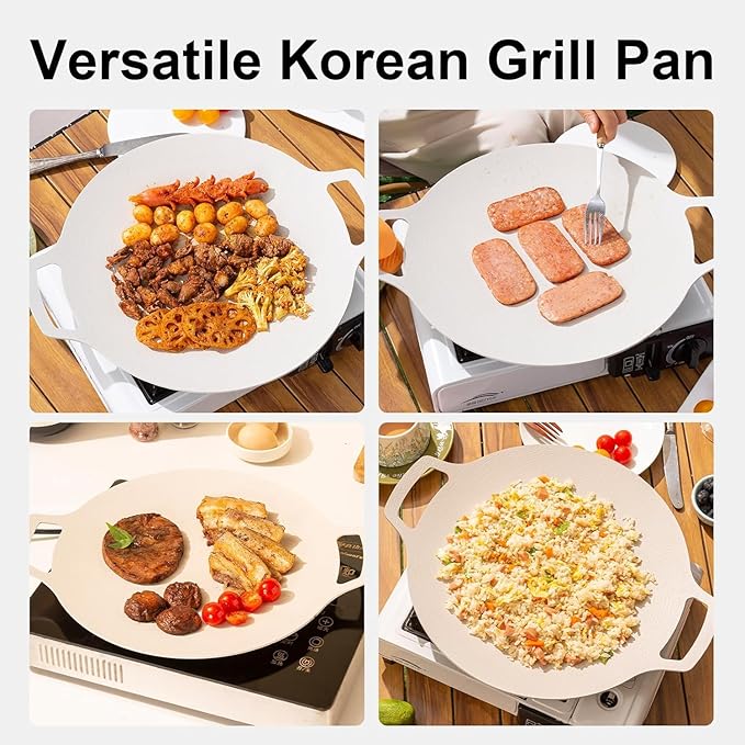 JIANG REN Korean bbq Grill Pan - 13" kbbq Grill ， Round Aluminum GriddleGriddle with Silicon Handles ，Nonstick Skillet Camping Wok for Indoor & Outdoor, Works on Induction, Gas, Electric Stovetops