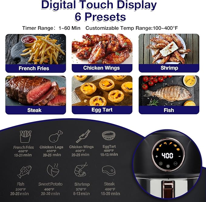 GYMODE 4.7QT Glass Air Fryer, 360° Viewable Glass Air Fryer Non Toxic, 6-IN-1 Preset Cook Modes, Digital Display, Adjustable Temp 100F - 400F, Nonstick, Dishwasher Safe, Black