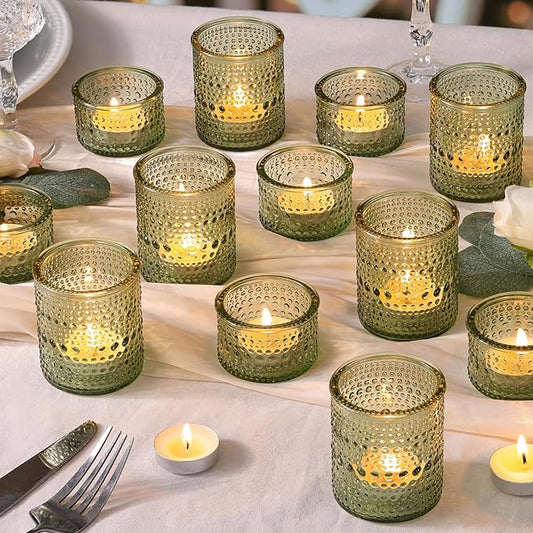 Green Votive Candle Holders Set of 24, Assorted Heights Polka Dot Tealight Candle Holders for Table Centerpiece, Green Glass Candle Holder Decor for Wedding, Party & Home Decor