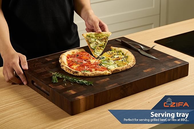 Cozifa American Black Walnut Wood Cutting Board 20"x15"x2"(Large and Thick) for Kitchen with Juice Groove, Inner Handles, End Grain Butcher Block Finished with Linseed Oil, Beeswax, Lemon Oil, Giftbox