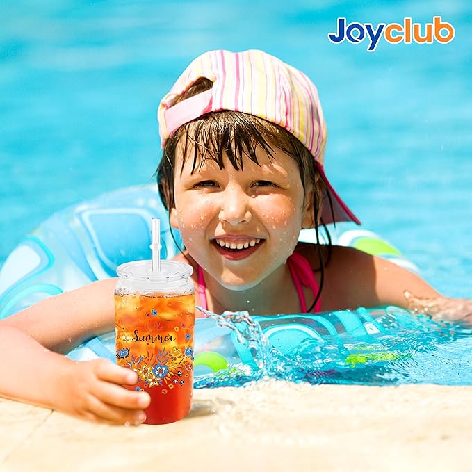 Joyclub 8 Pack Sublimation Cups 16 OZ Clear Glass Cans Blanks with Clear Lids Mason Jars for Iced Coffee Beer Juice and Soda Drinks