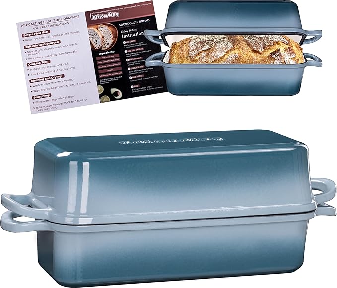 Articasting 11x5 Inch Cast Iron Bread Loaf Pan With Lid, 5.8 Qt Large Loaf Pan for Sourdough Bread Baking, Heavy Duty Dutch Oven Bread Pan For a Crispy Crust, Seasalt