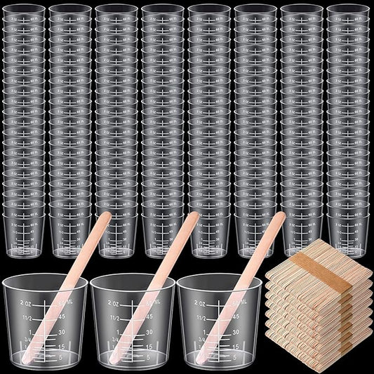 Konohan 400 Pack 2oz/60ml Plastic Mixing Cups Disposable Measuring Cups, Epoxy Bulk Clear Beaker with Graduated and Mixing Sticks for Resin, Laboratory, Liquid, Acrylic Paint Art, Medicine