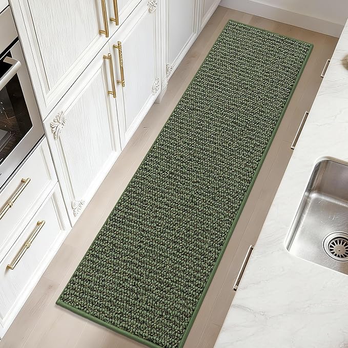 JSEI Kitchen Runner Rugs, 17''x60'' Non-Slip Kitchen Mats for Floor, Machine Washable Absorbent and Stain Resistant Kitchen Rug, Carpet Mats with TPR Backing for Kitchen, Green