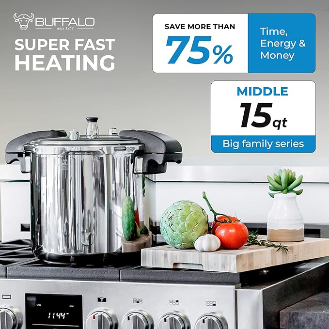 Buffalo 15 Quart Pressure Cooker Stainless Steel - Large Canning Pot with Lid for Home, Commercial Use - Easy to Clean Induction Stove Top Pressure Canner, Can Cooker - SG Certificate QCP415