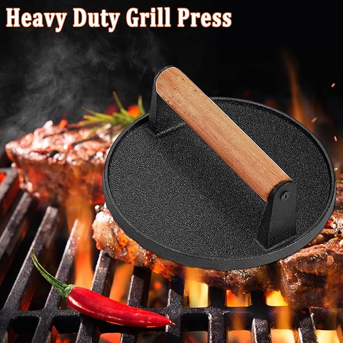 3PCS Smash Burger Press Kit, Round & Rectangle Meat Press for Griddle, Cast Iron Grill Press with Upgrade Wooden Handle for Blackstone Camp Chef Pitboss