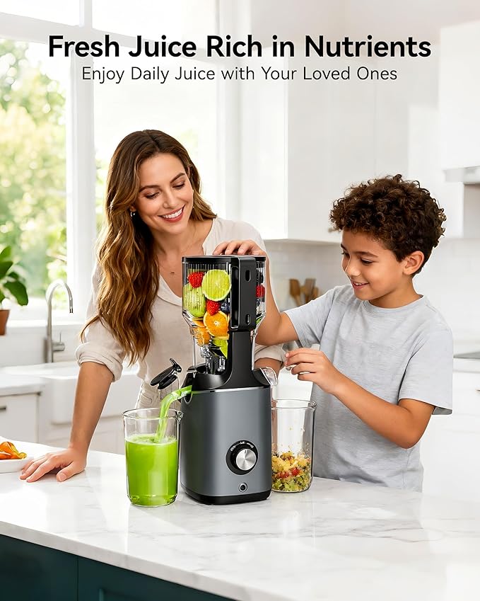 Cold Press Juicer, EUHOMY 5.6" Wide Feed Chute Juice Extractor Machine with 400W, High Juice Yield, Slow Masticating Juicer for Whole Vegetables & Fruits, Deep Gray