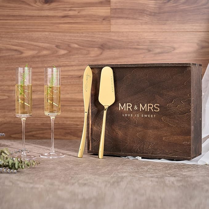 AW BRIDAL Engagement Bridal Shower Wedding Gifts for Couple Newlyweds, Anniversary Mr Mrs Champagne Flutes Toasting Glasses Set of 2, Wedding Gold Cake Cutting Set with Wooden Box for Bride Groom