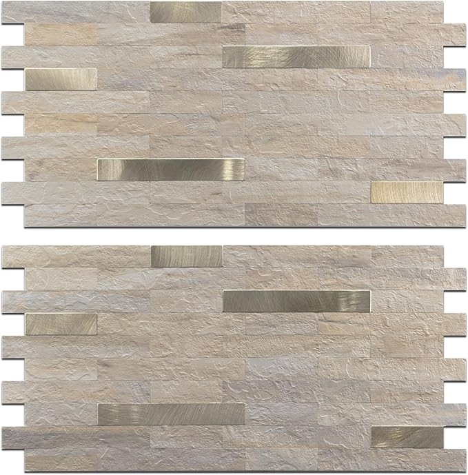 2 Sheets Kitchen Peel and Stick Backsplash Tiles, Beige with Metal Gold Look Stick on Backsplash for Kitchen, RV, Fireplace